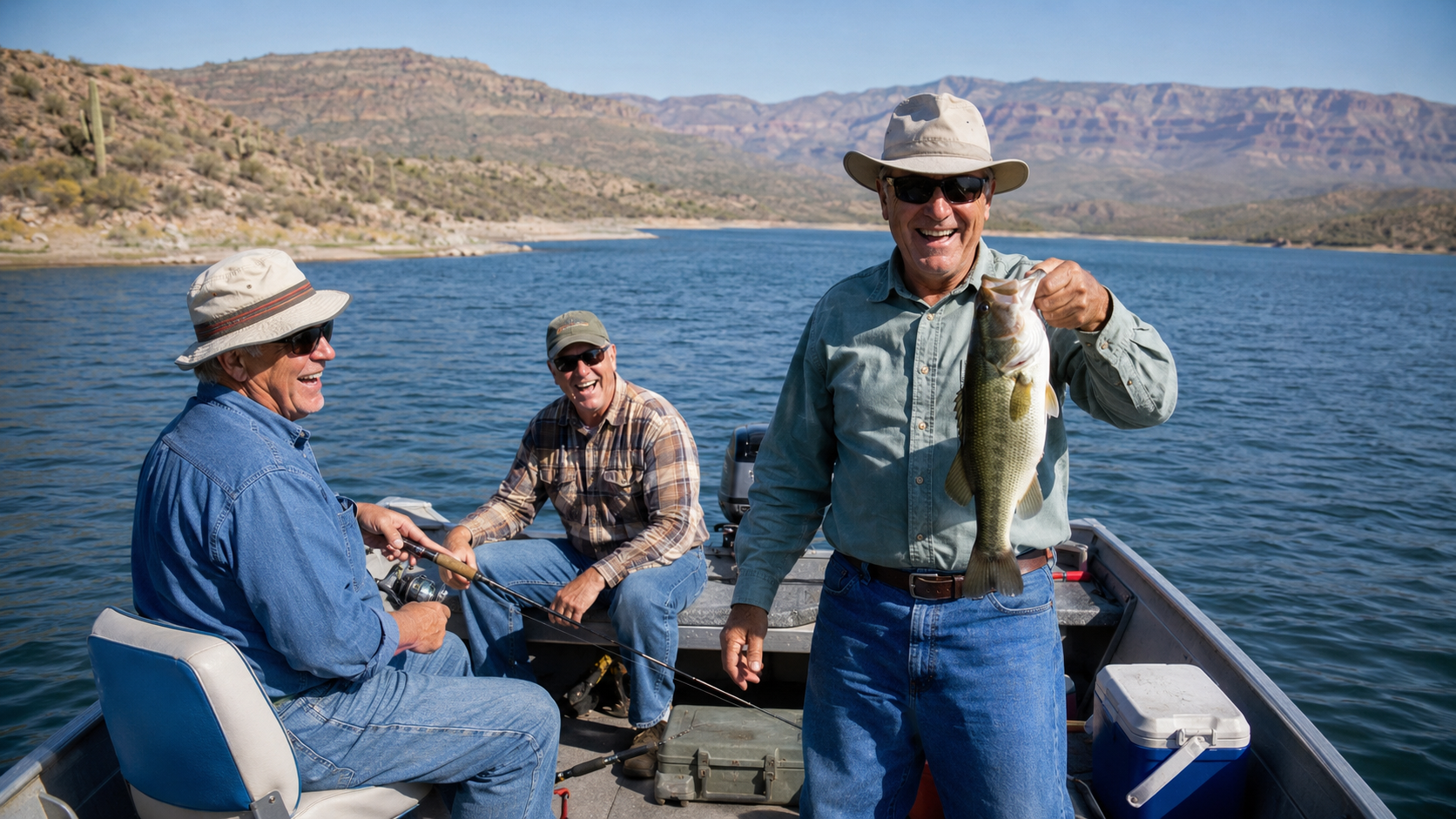 Three men on a boat hold up a fish on a lake with rocky hills in the background