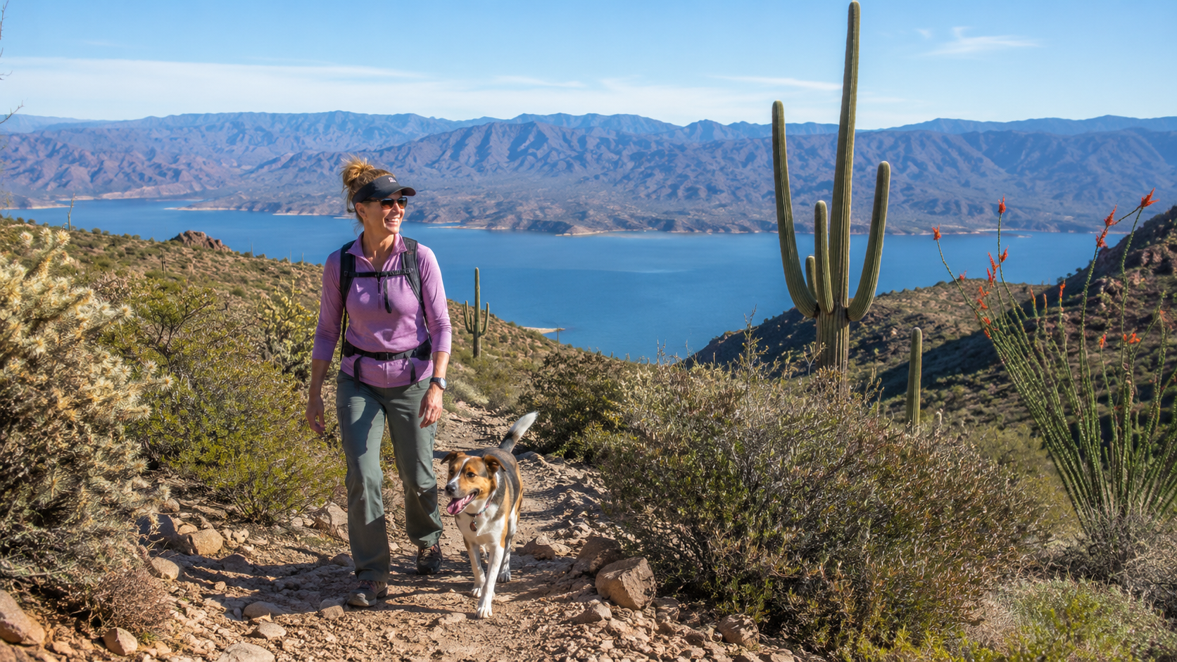 Hiker with dog on desert trail overlooking blue lake and mountains, cactus on the right