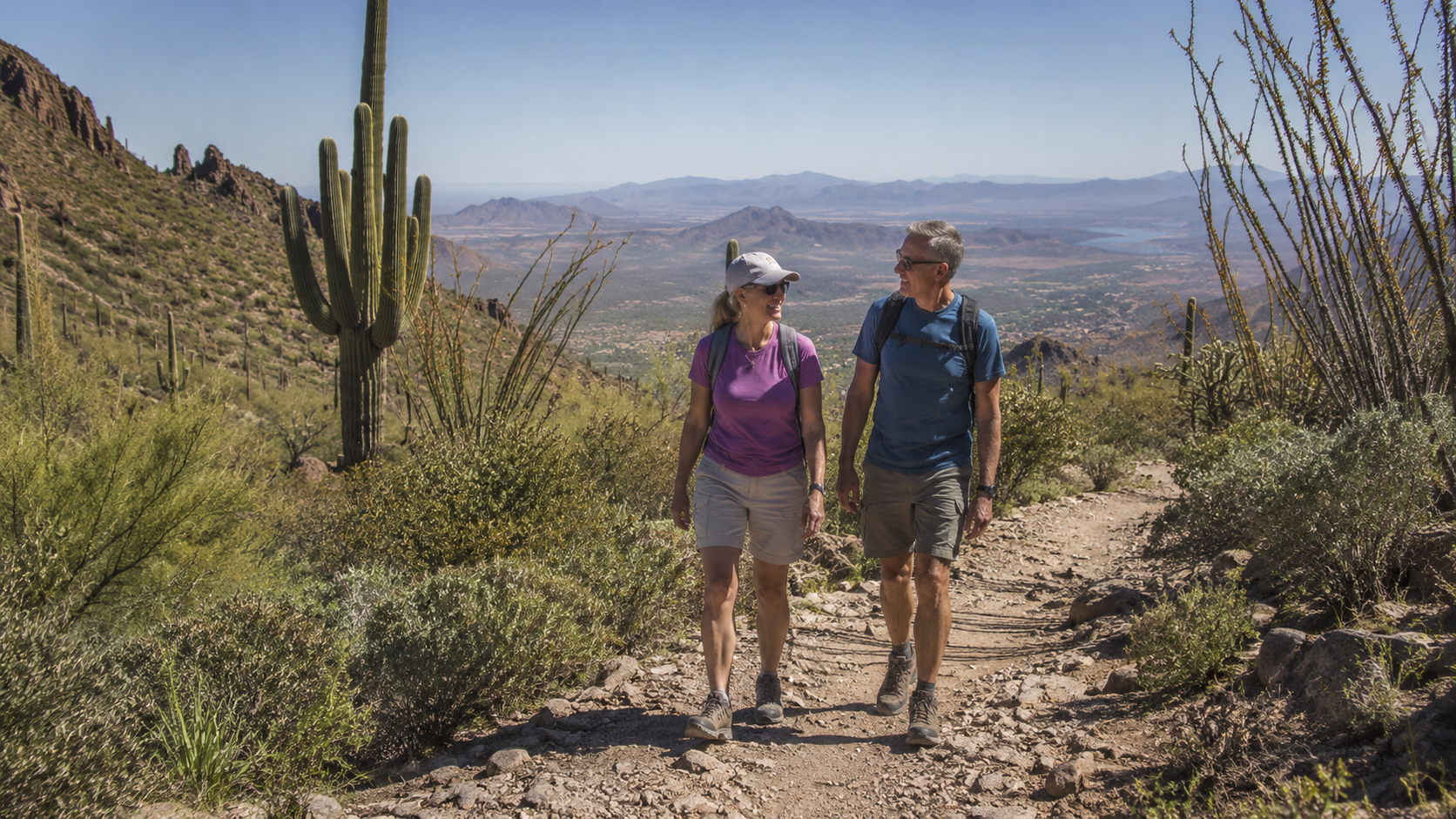 Two hikers walking on a desert trail with cacti and mountains in the background