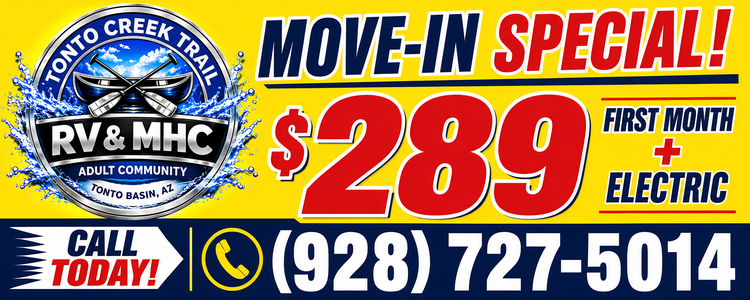 Move-in special ad: $289 first month plus electric, with phone number (928) 727-5014 on yellow-blue banner