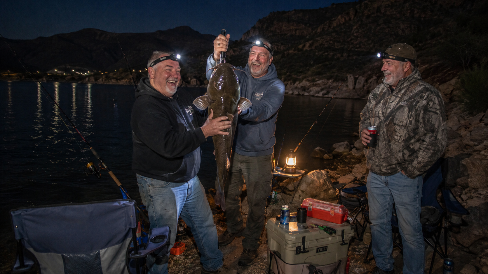 Three people holding a large fish by a lake at night, with mountains and lights in the background.