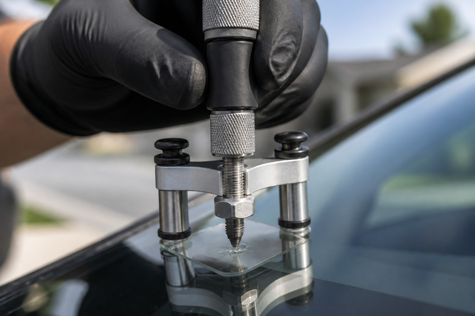 Windshield Chip Repair Tool being used for repair in Dublin, OH