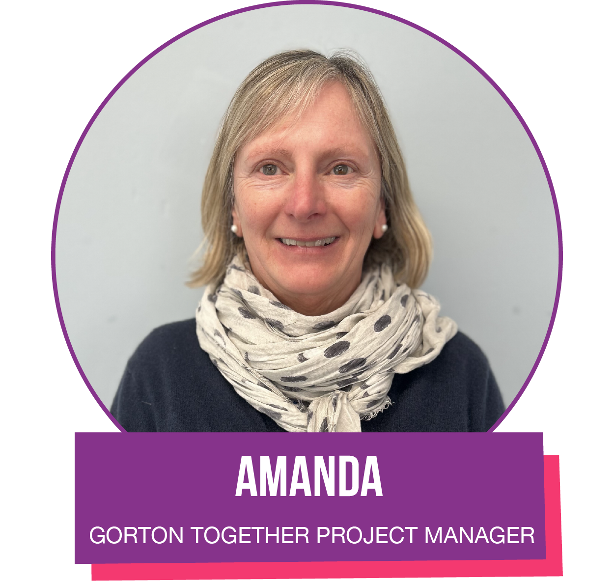 A woman wearing a scarf with the name Amanda on it