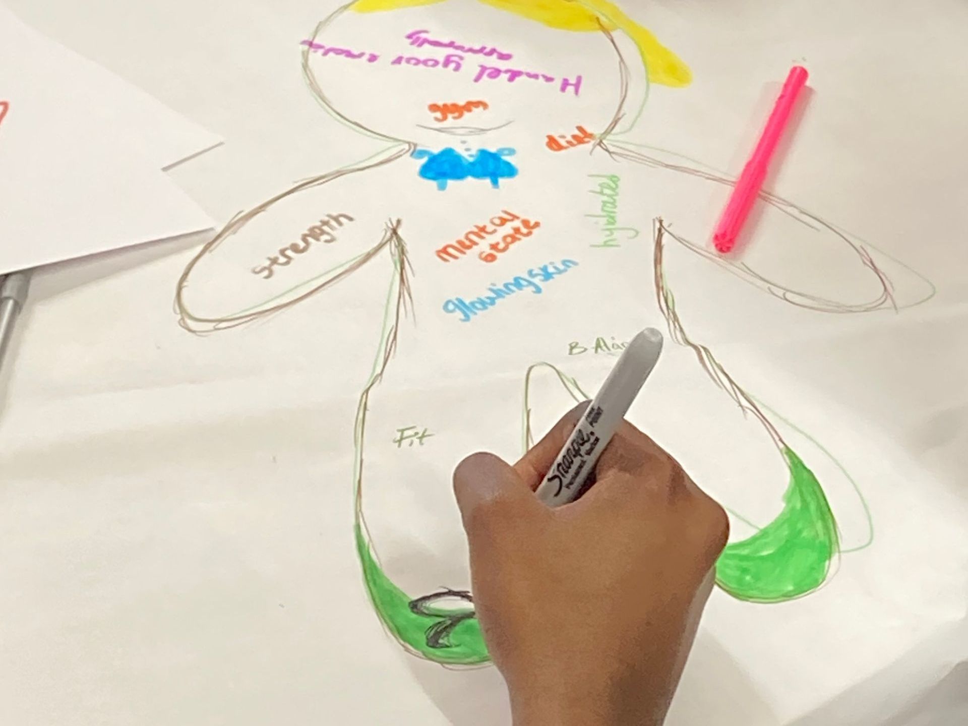 Drawing of an outline of a person, words written inside the shape. 