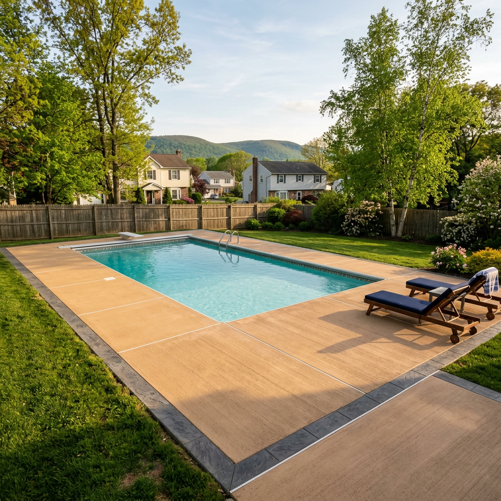 Newly installed sandstone-colored concrete pool deck with stamped slate border 