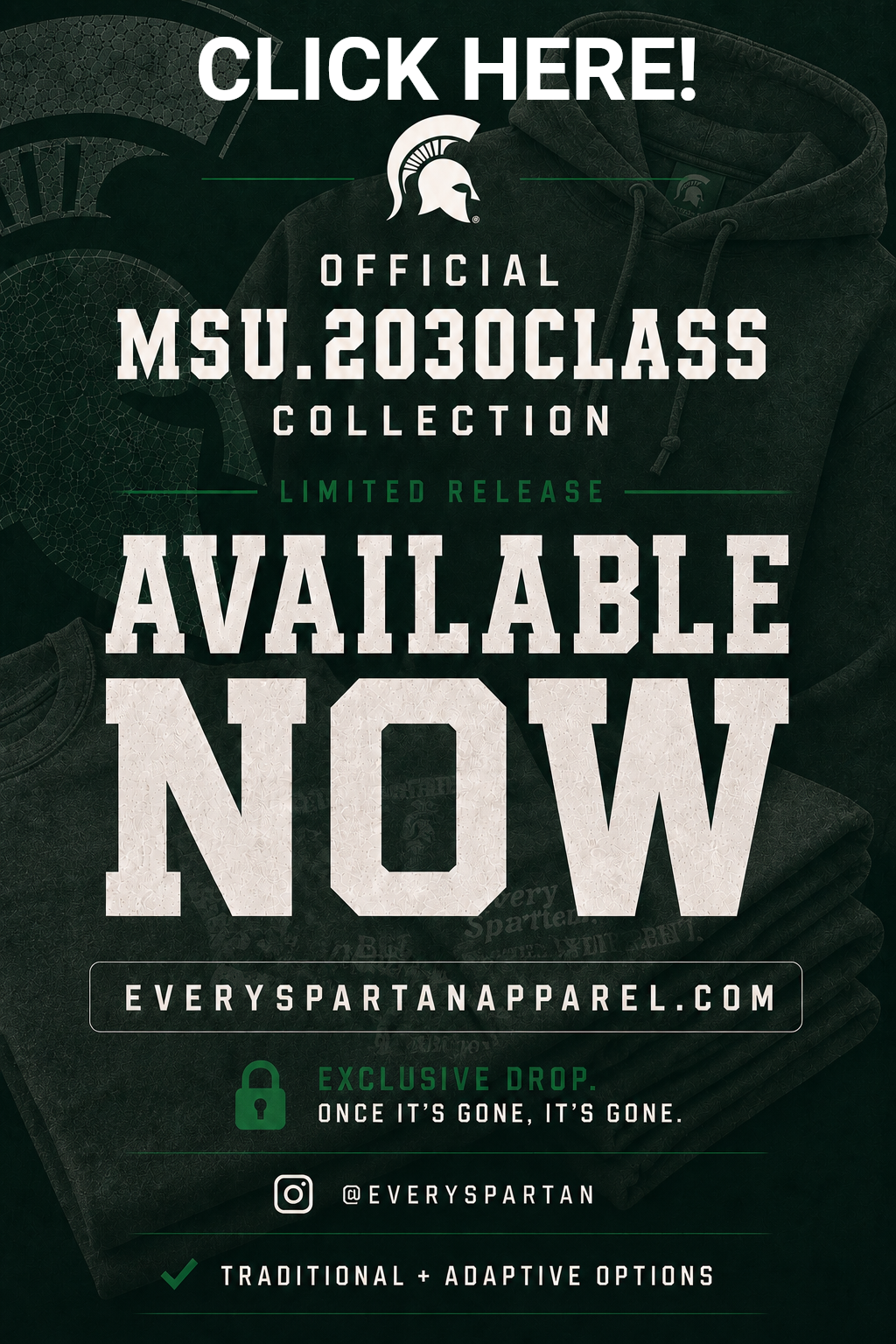 MSU 2030 class collection promo with “Available Now” and dark green background