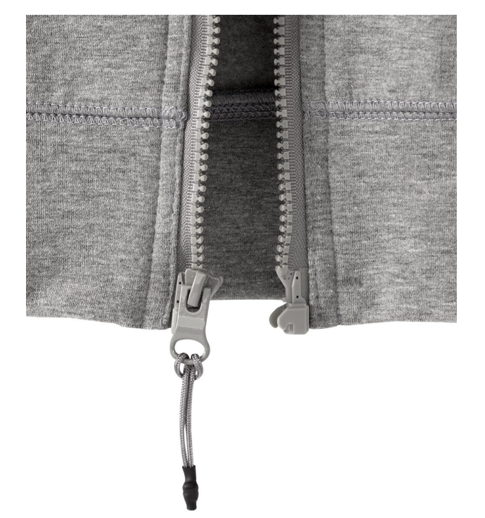 Gray zip-up hoodie with green embroidered logo on the chest, shown front-facing on a white background