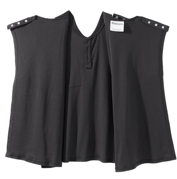 A dark gray, short sleeve shirt with snap closures at the shoulders and a front neck button.