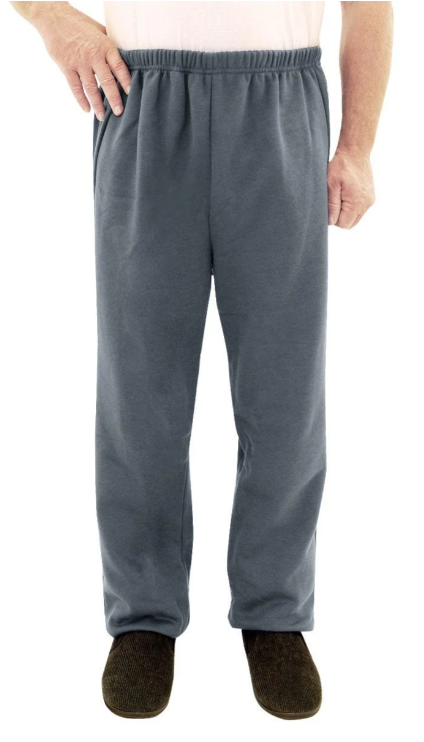 Gray sweatpants with “EVERY SPARTAN” printed on the left leg, worn with dark slippers.