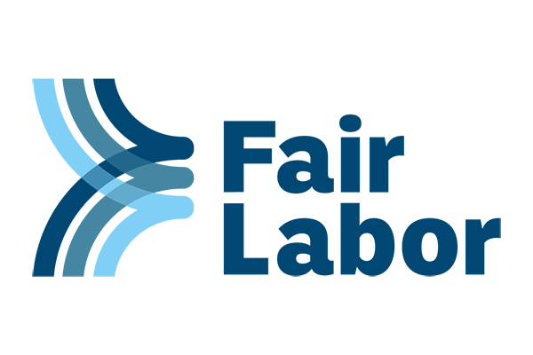 Logo for Fair Labor: blue abstract shapes and text
