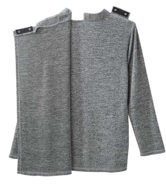 Gray long-sleeve shirt with a small white graphic on the left chest.