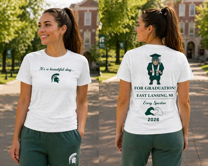 Two views of a woman modeling a white graduation T-shirt and green pants on a campus walkway.