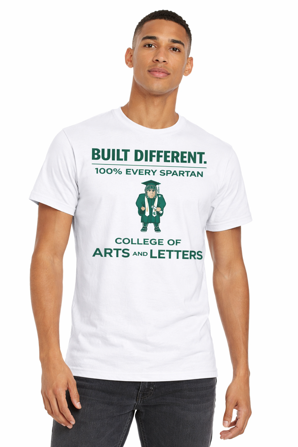 A person wears a white t-shirt featuring a green Spartan mascot and the text