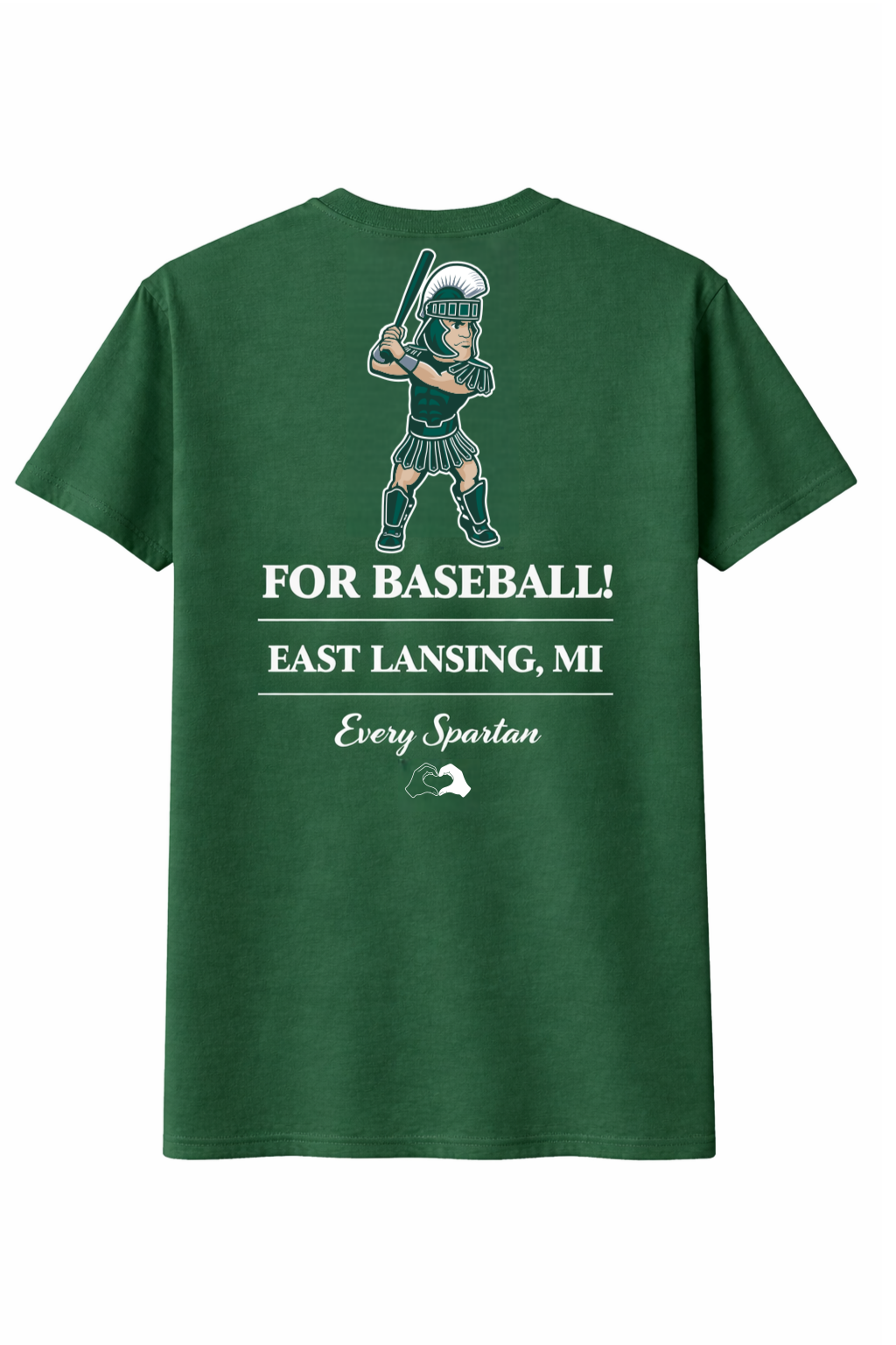 Green T-shirt with a baseball player graphic and the text “FOR BASEBALL! EAST LANSING, MI”