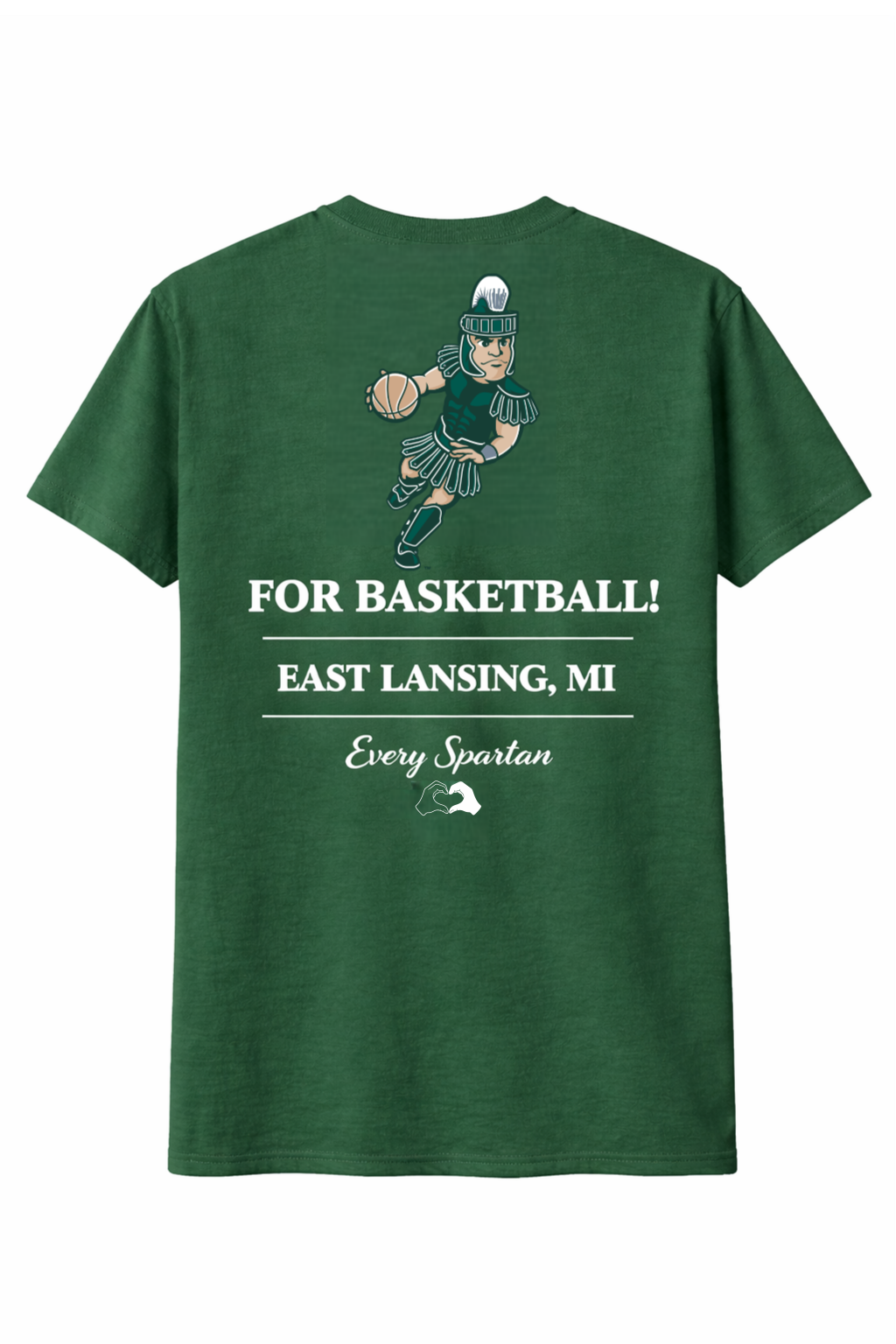 Green basketball T-shirt with player graphic and “FOR BASKETBALL! EAST LANSING, MI” text