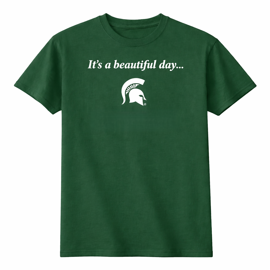 Green T-shirt with wrestling graphic and text: “FOR WRESTLING! EAST LANSING, MI” and “Every Spartan”