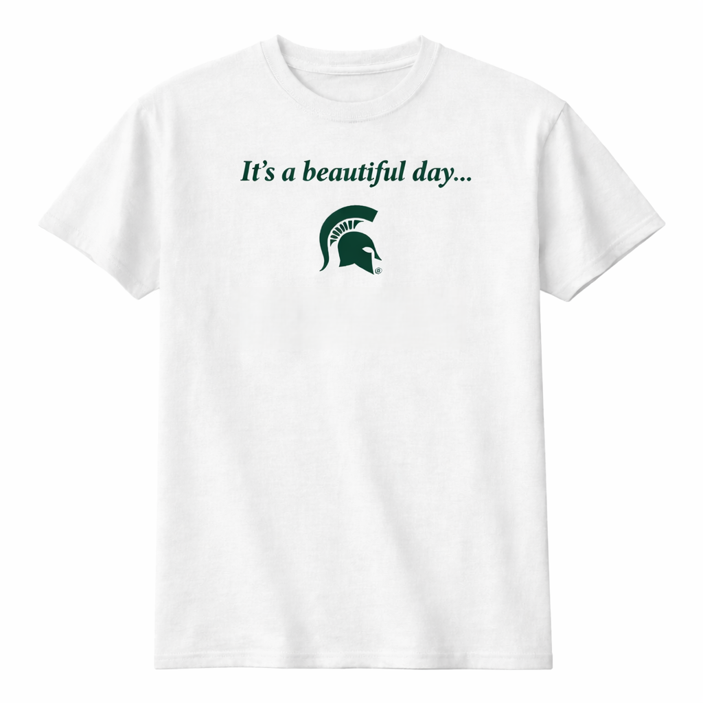 White T-shirt with green wrestling graphic and text: “For Wrestling! East Lansing, MI.”