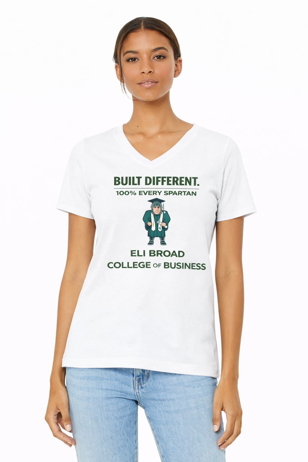 A white v-neck tshirt featuring