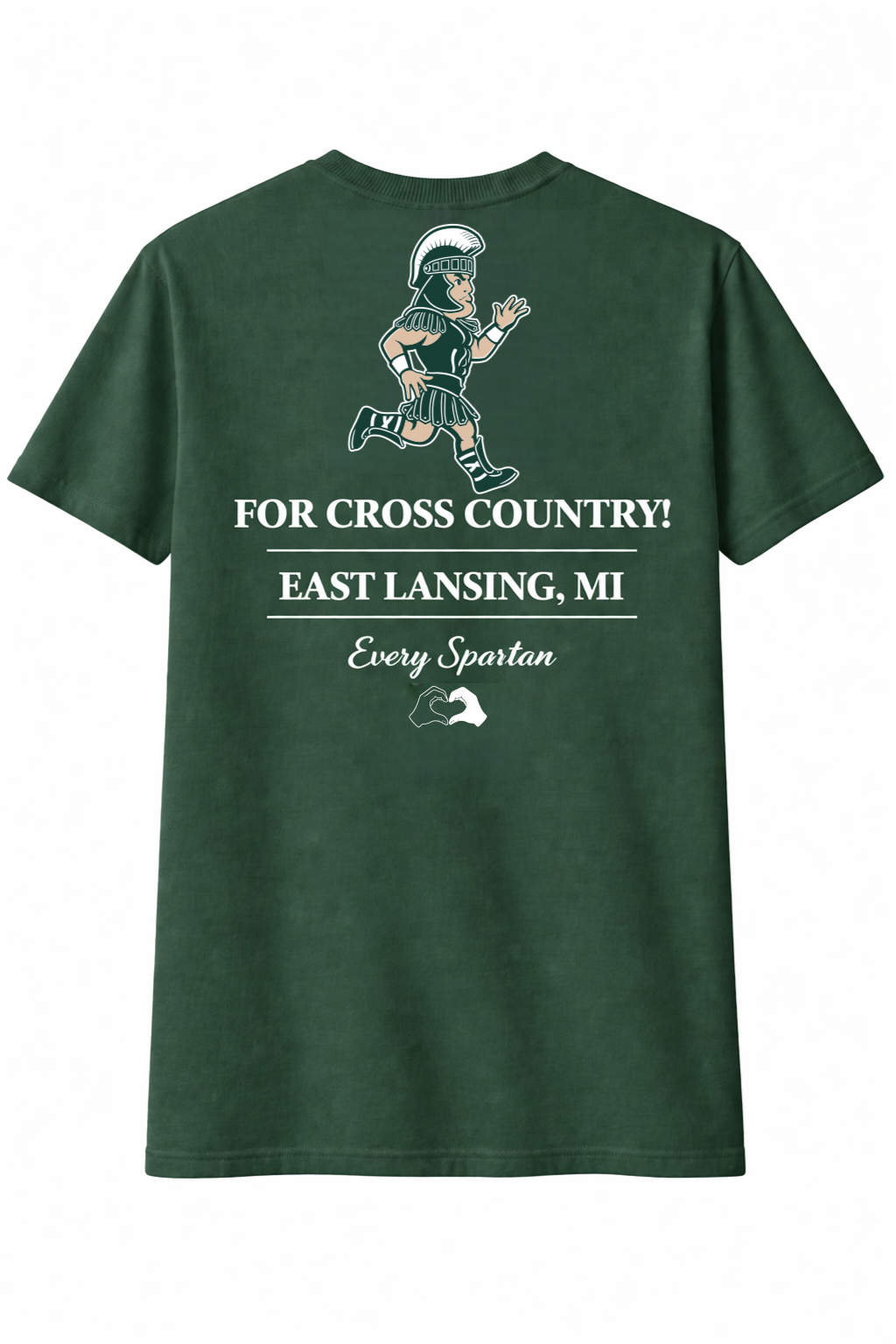 Dark green T-shirt with a cartoon golfer and text “For Cross Country East Lansing, MI” and “Enjoy Spalding”