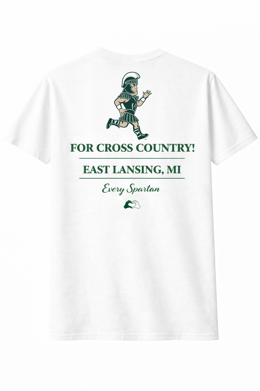 White T-shirt with a small running mascot and text: “For Cross Country, East Lansing, MI, Greyhounds.”