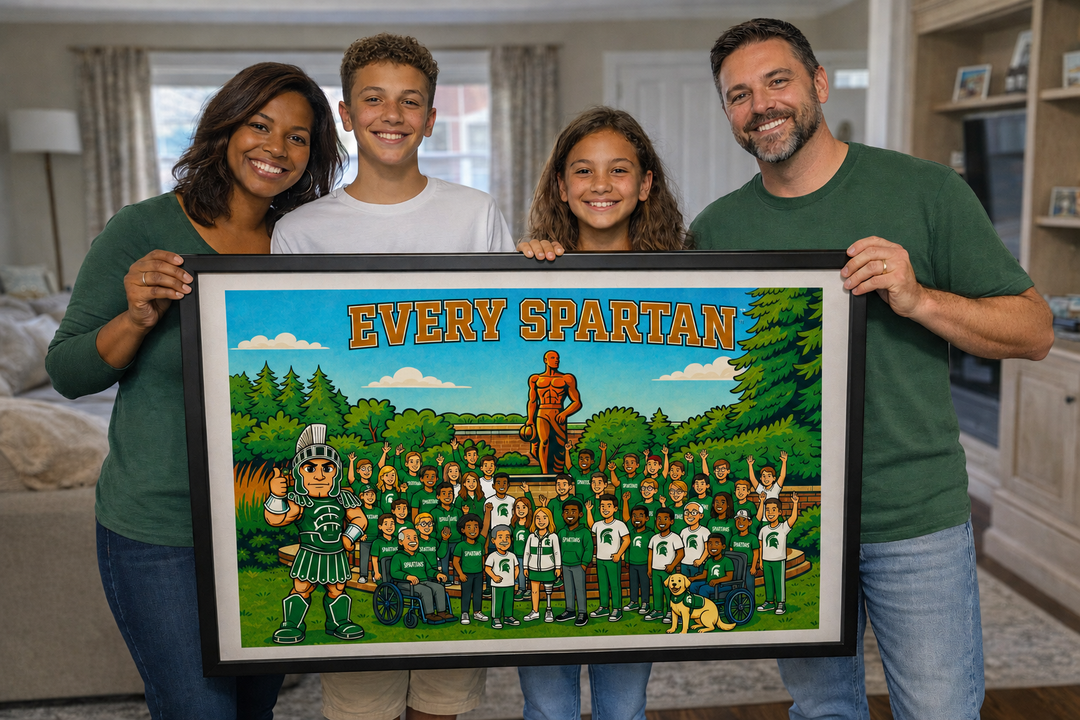 Four people hold a framed Spartan-themed school art print in a living room.