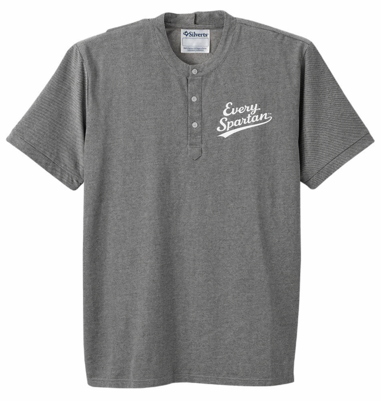 Gray short-sleeve henley T-shirt with white script logo on chest, shown on a white background
