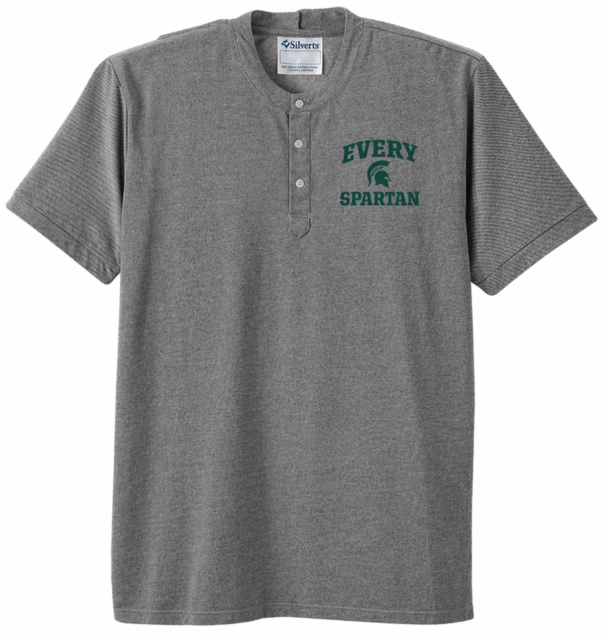 Gray henley T-shirt with green “Every Spartan” text on the chest