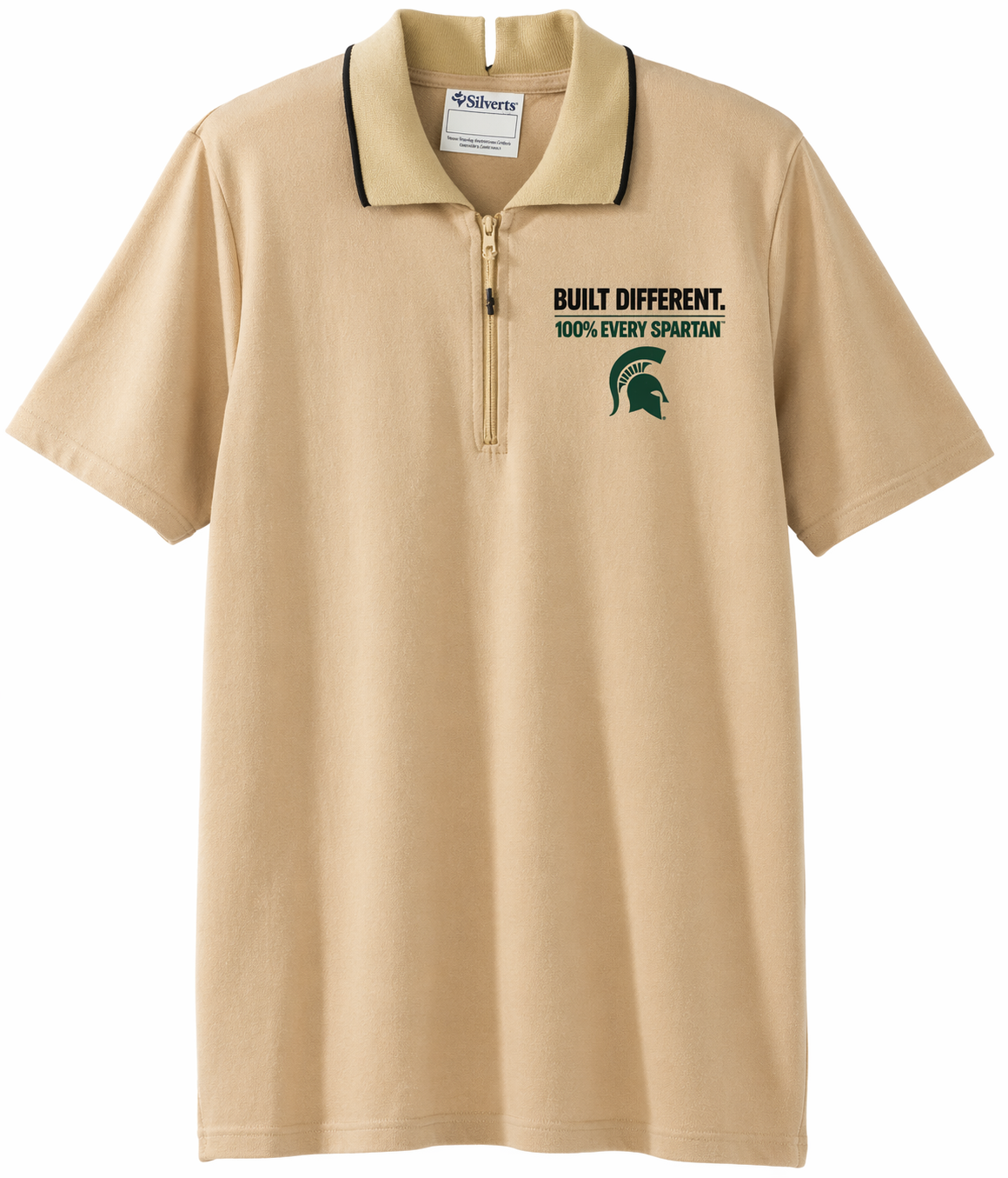 Beige polo shirt with dark trim and a small Spartan logo on the chest.