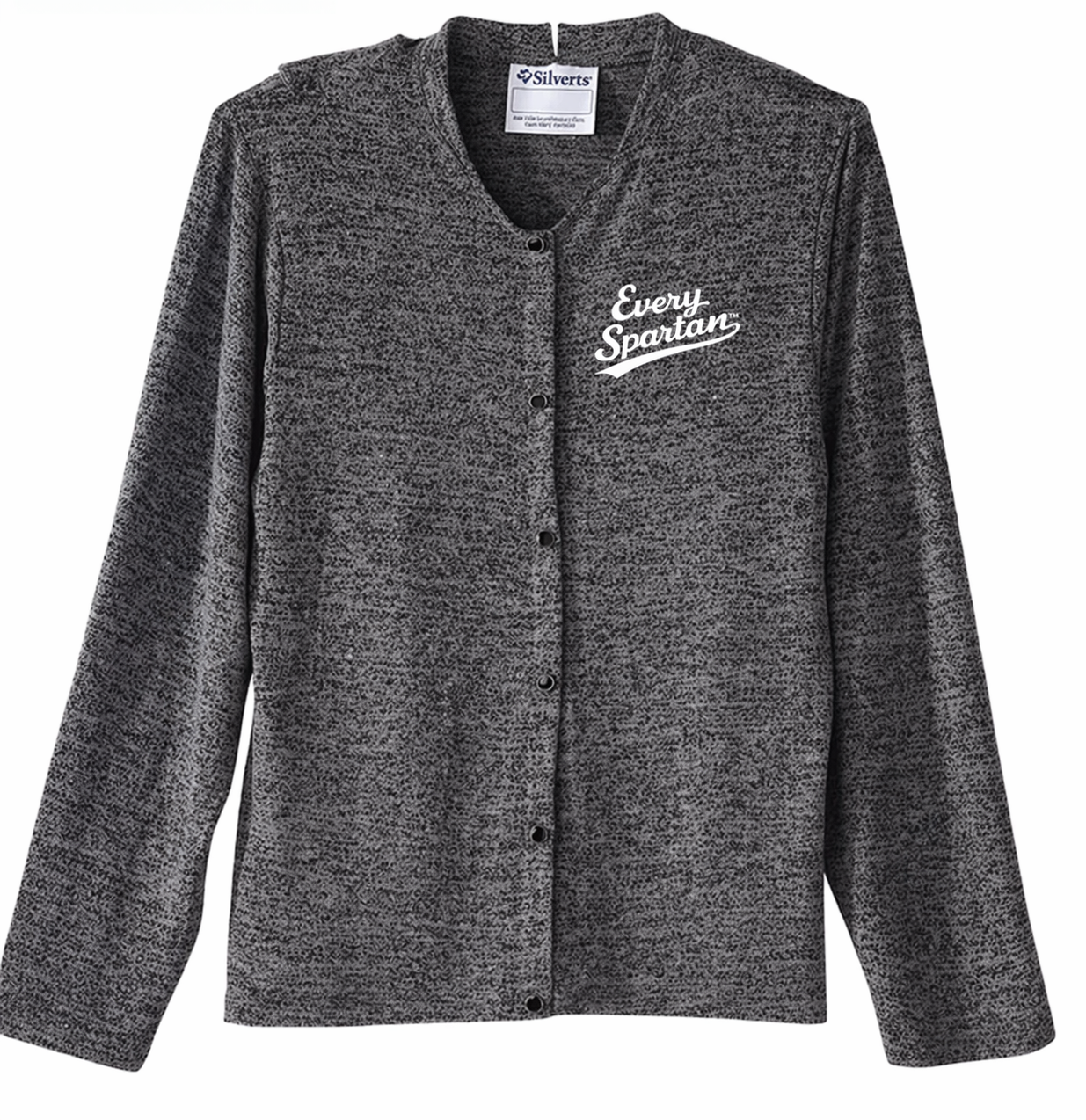 Gray heathered button-up cardigan with V-neck and 