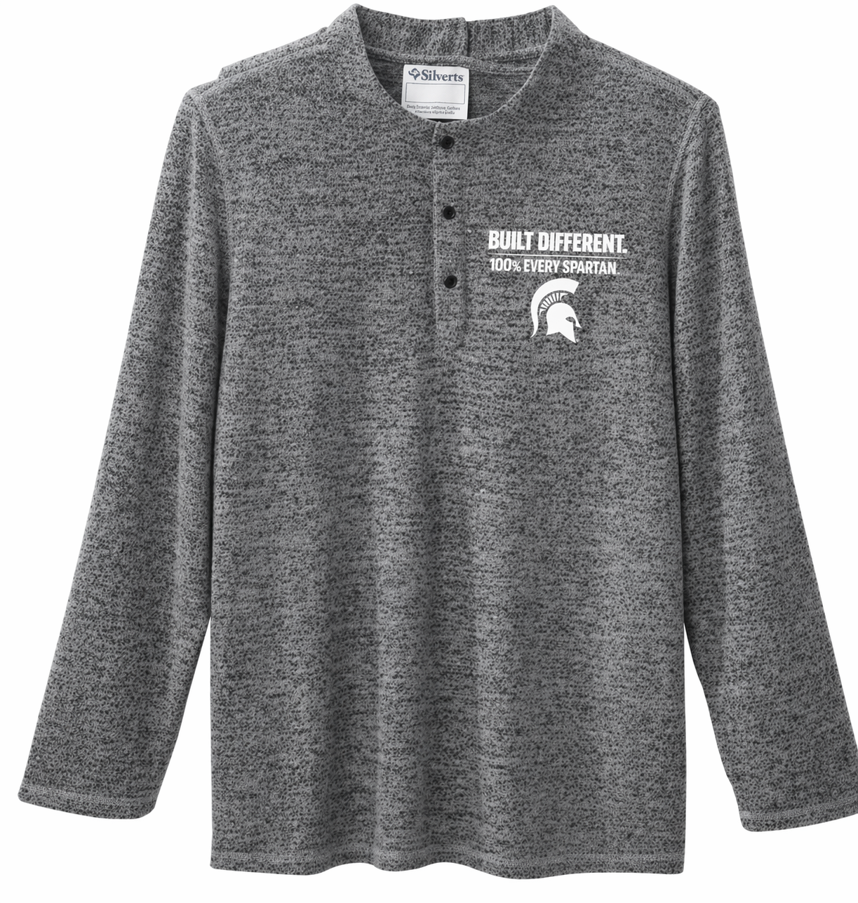 Gray long-sleeve shirt with a small white graphic on the left chest.