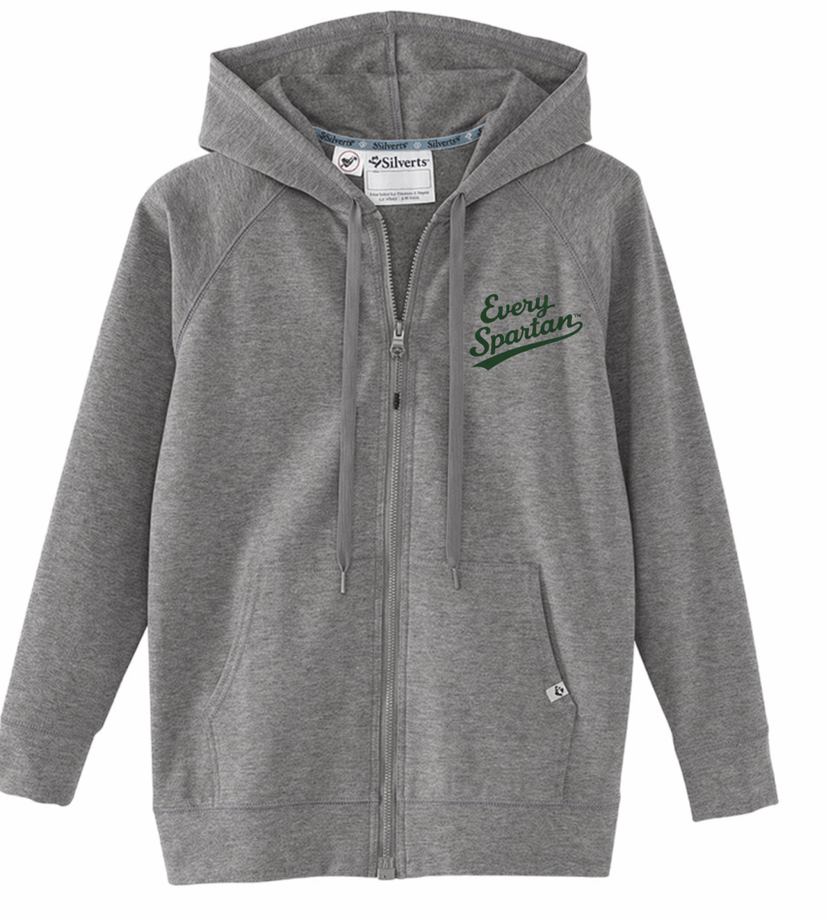 Gray zip-up hoodie with green embroidered logo on the chest, shown front-facing on a white background
