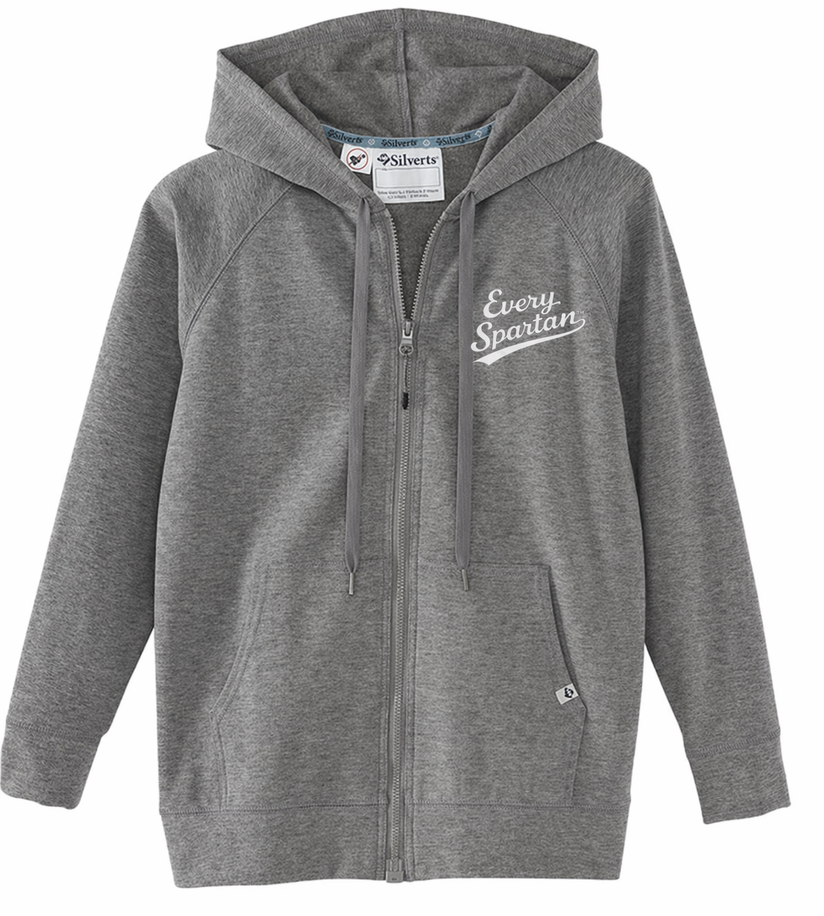 Gray zip-up hooded sweatshirt with kangaroo pockets and white chest logo.