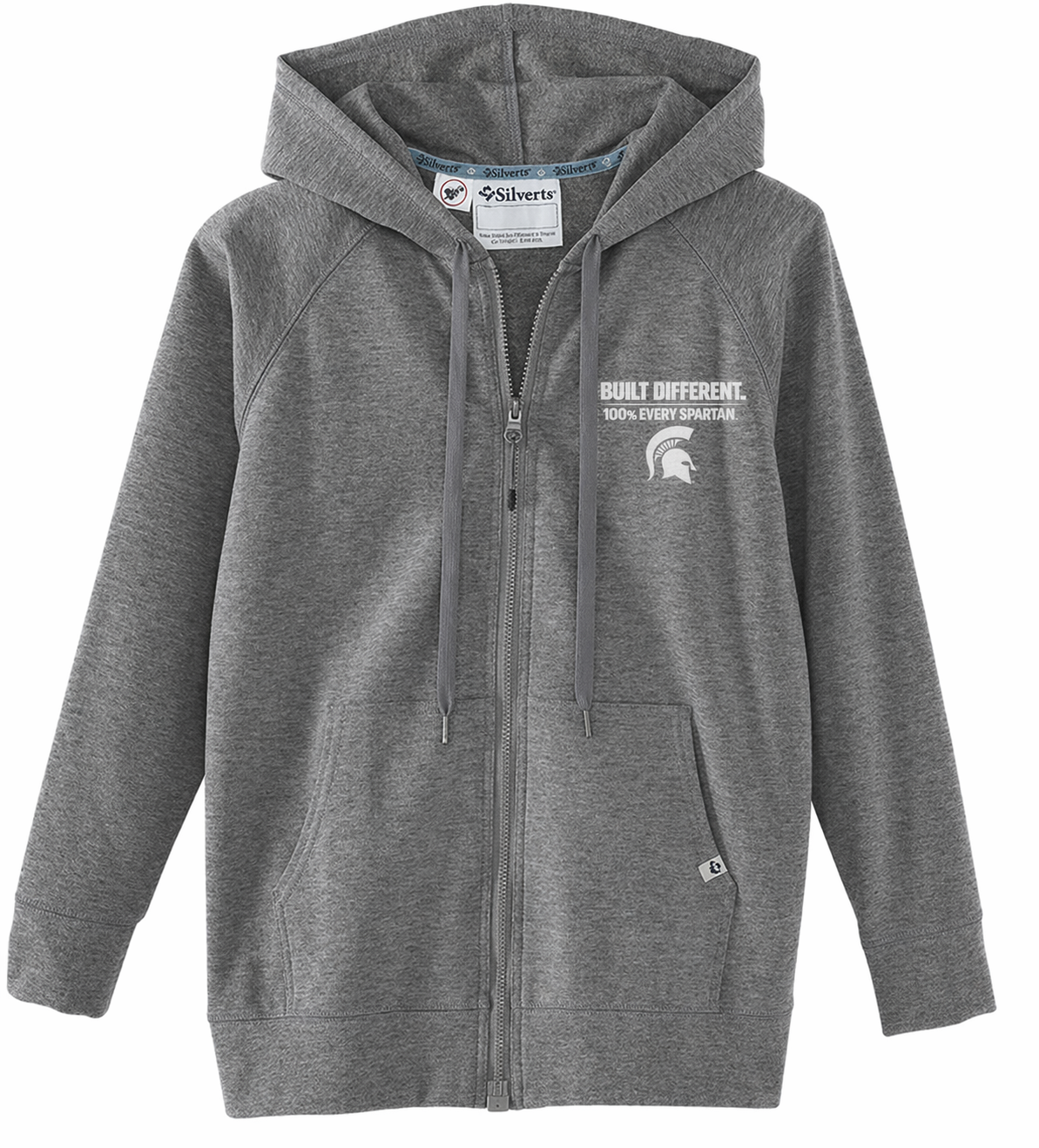Gray zip-up hooded sweatshirt with front pockets and white logo on the chest