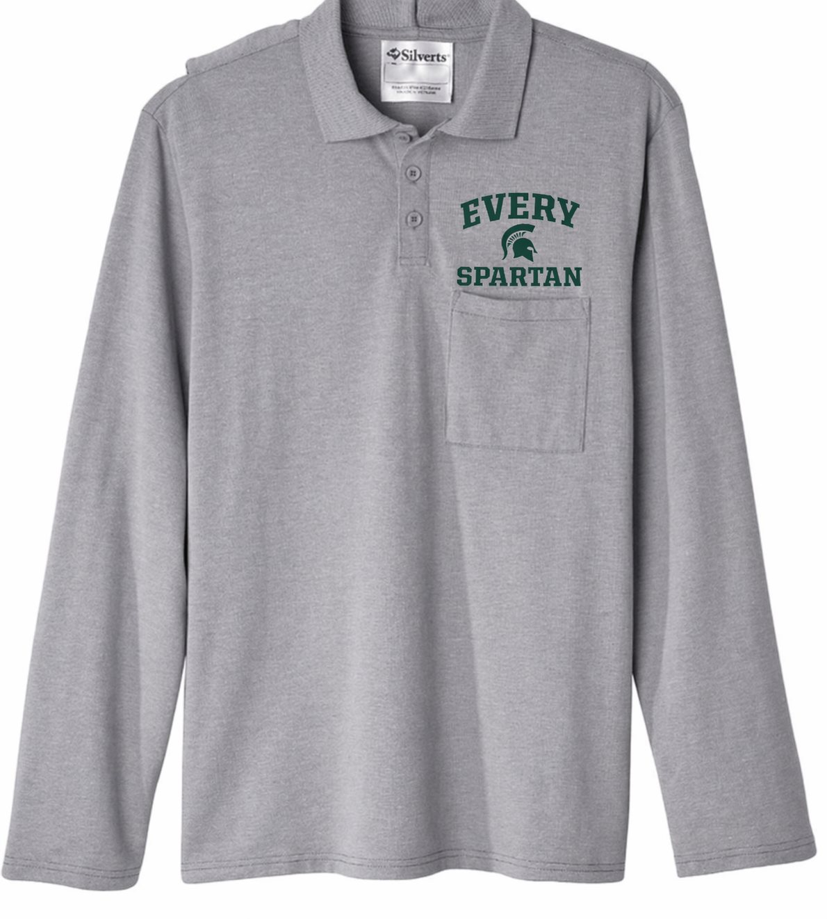 Gray long-sleeve polo shirt with “Every Spartan” logo on the chest