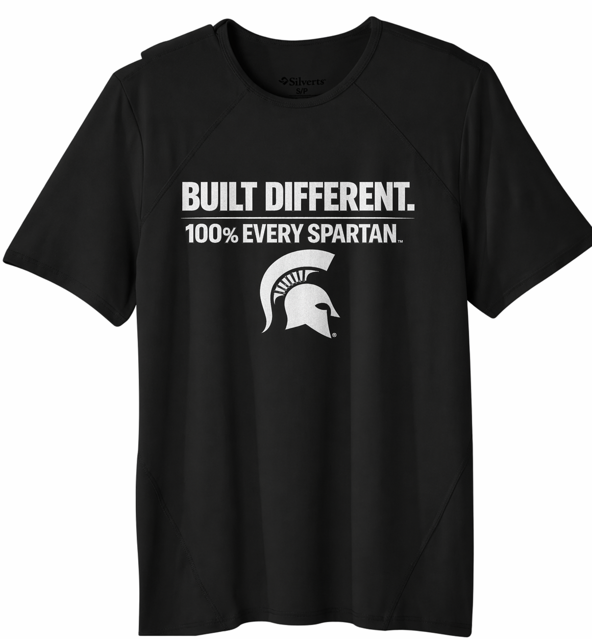 Black T-shirt with white Spartan helmet logo and text, “BUILT DIFFERENT. 100% EVERY SPARTAN.”