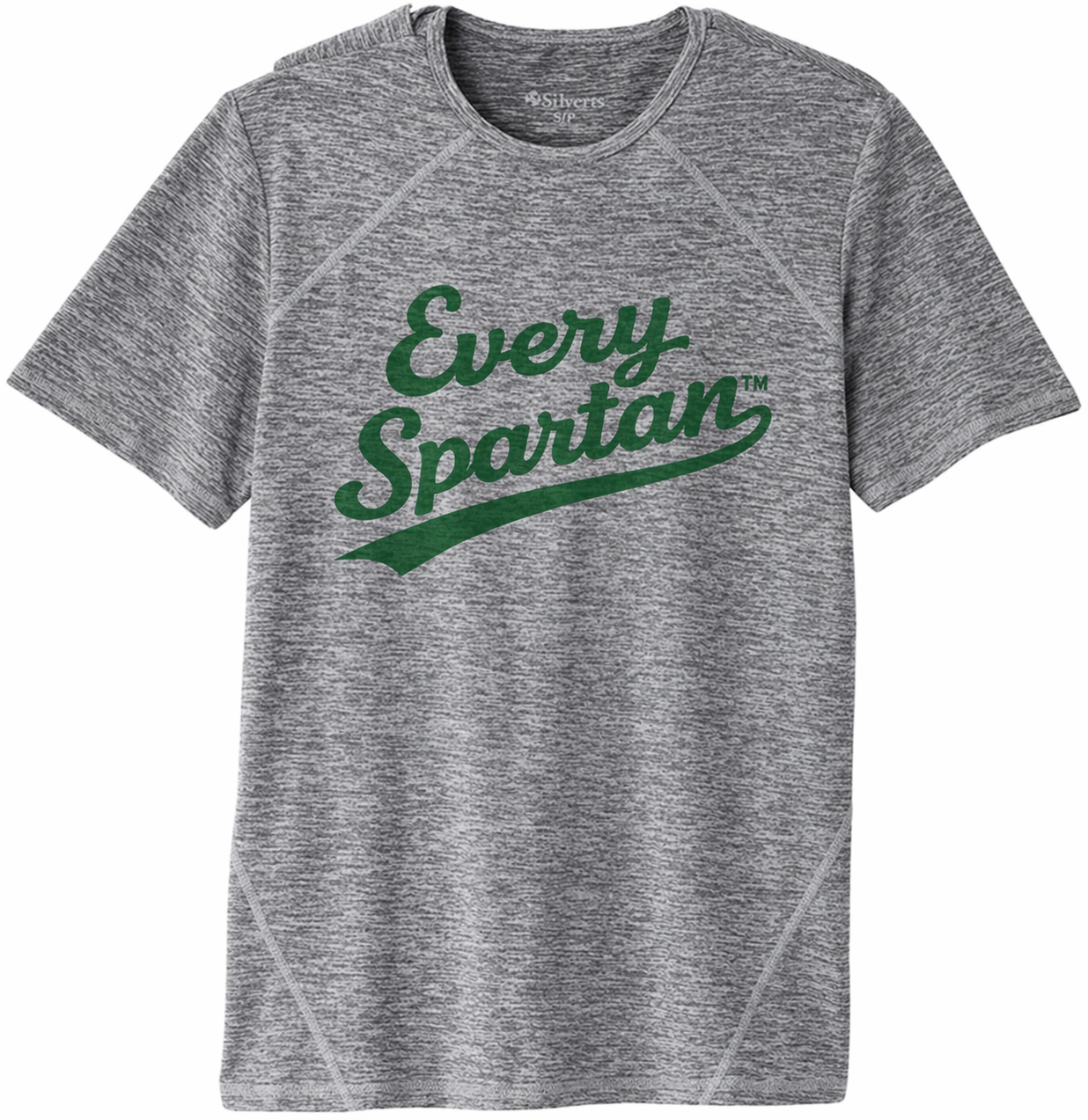 Gray heather T-shirt with green “Every Spartan” text logo
