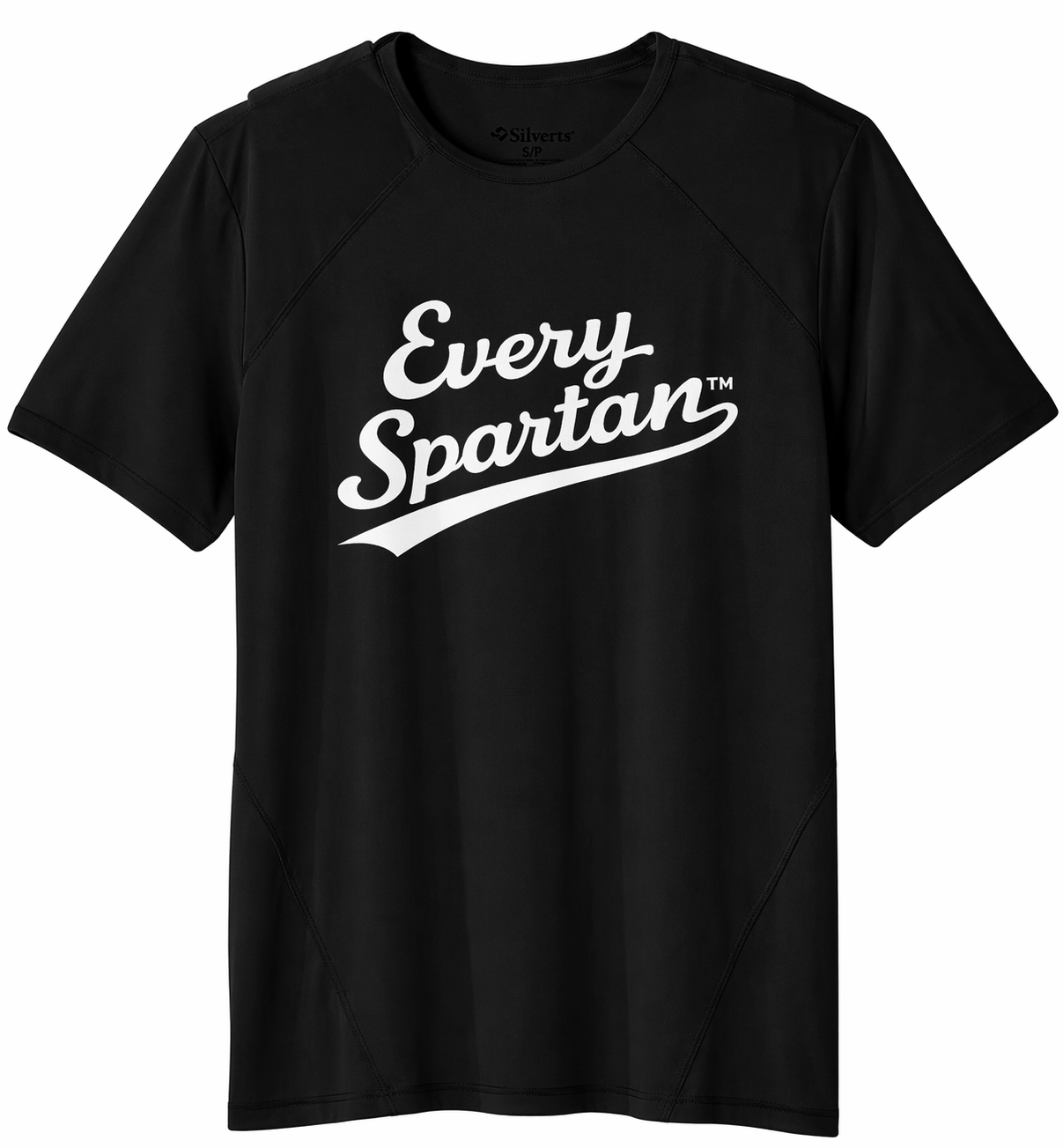 Black T-shirt with white script text reading “Every Spartan” across the chest.