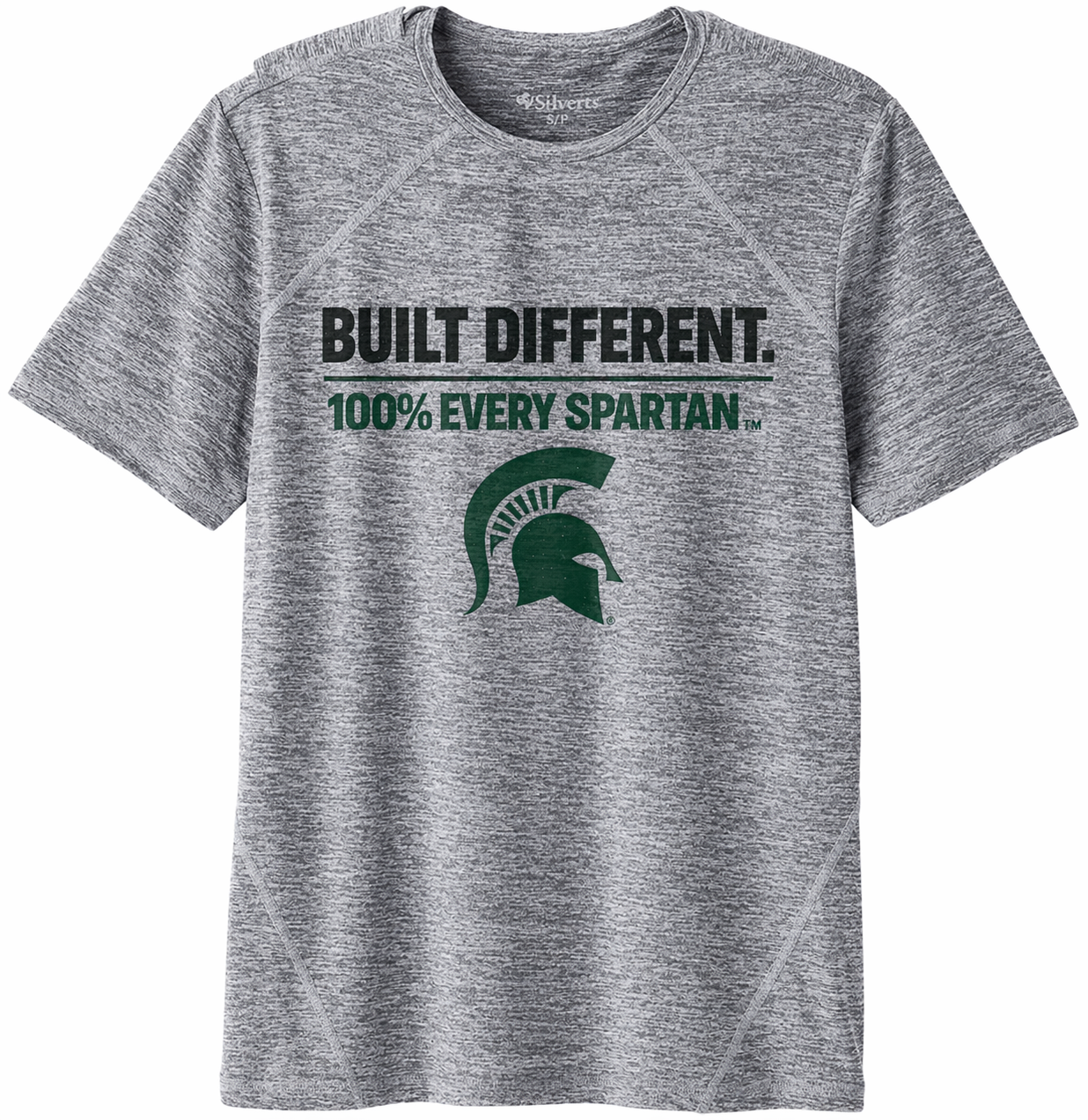 Gray T-shirt with “Built Different. 100% Every Spartan.” text and green Spartan helmet logo