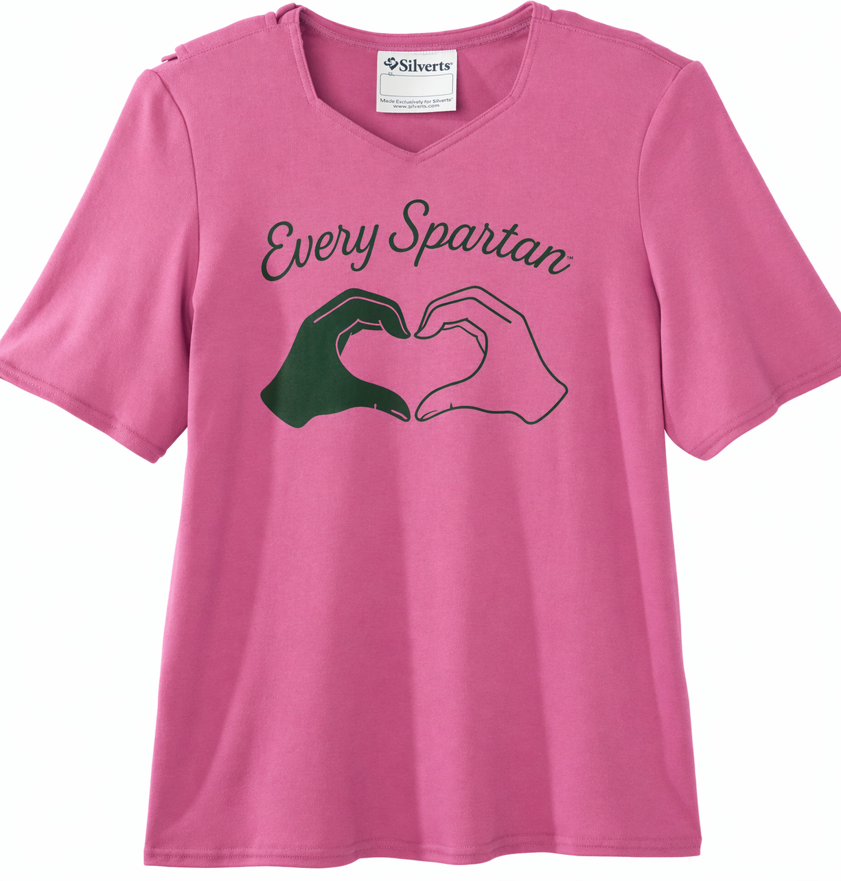 Pink T-shirt with “Every Spartan” text and two hands forming a heart