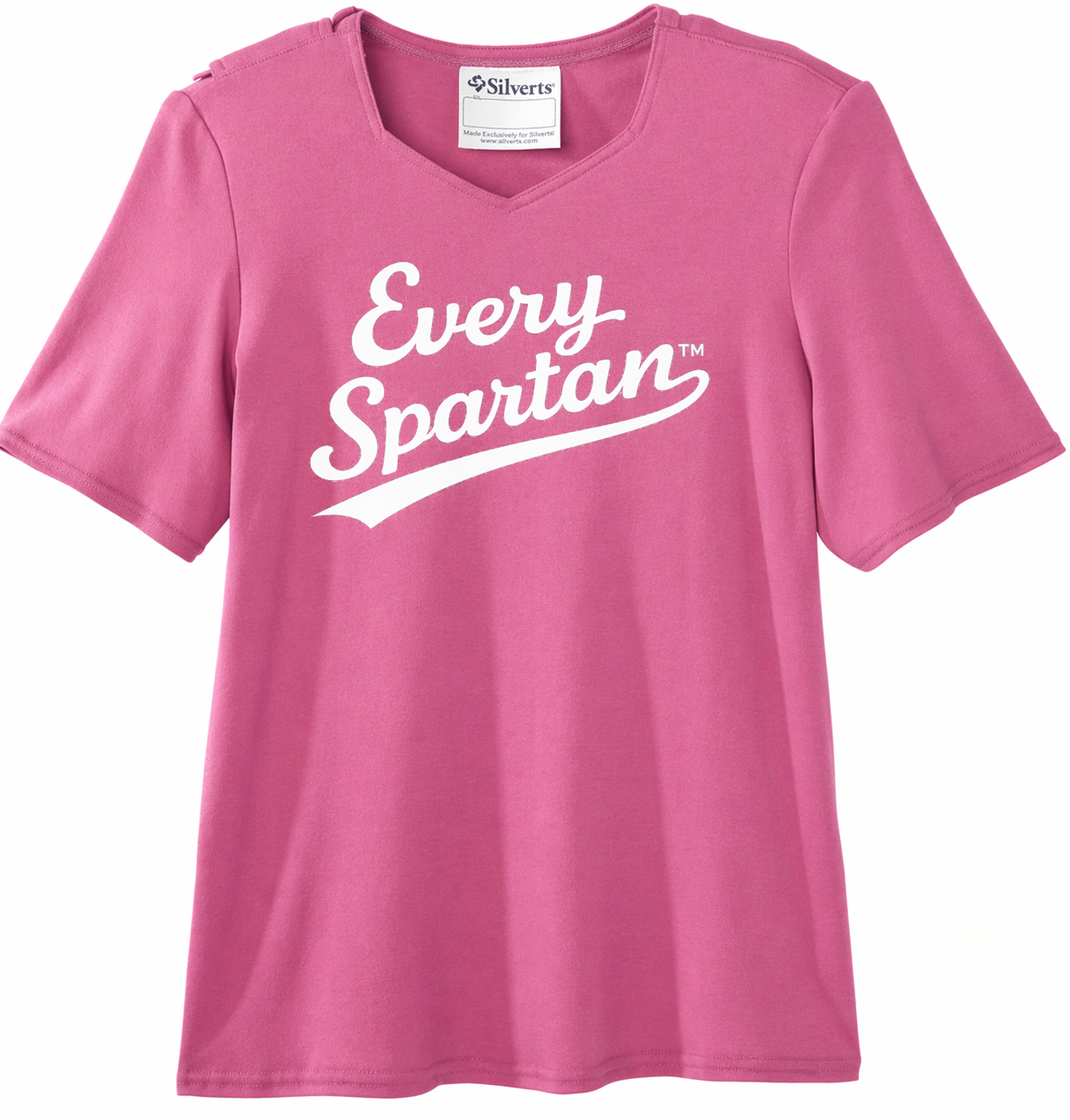 Pink T-shirt with white “Every Spartan” script logo