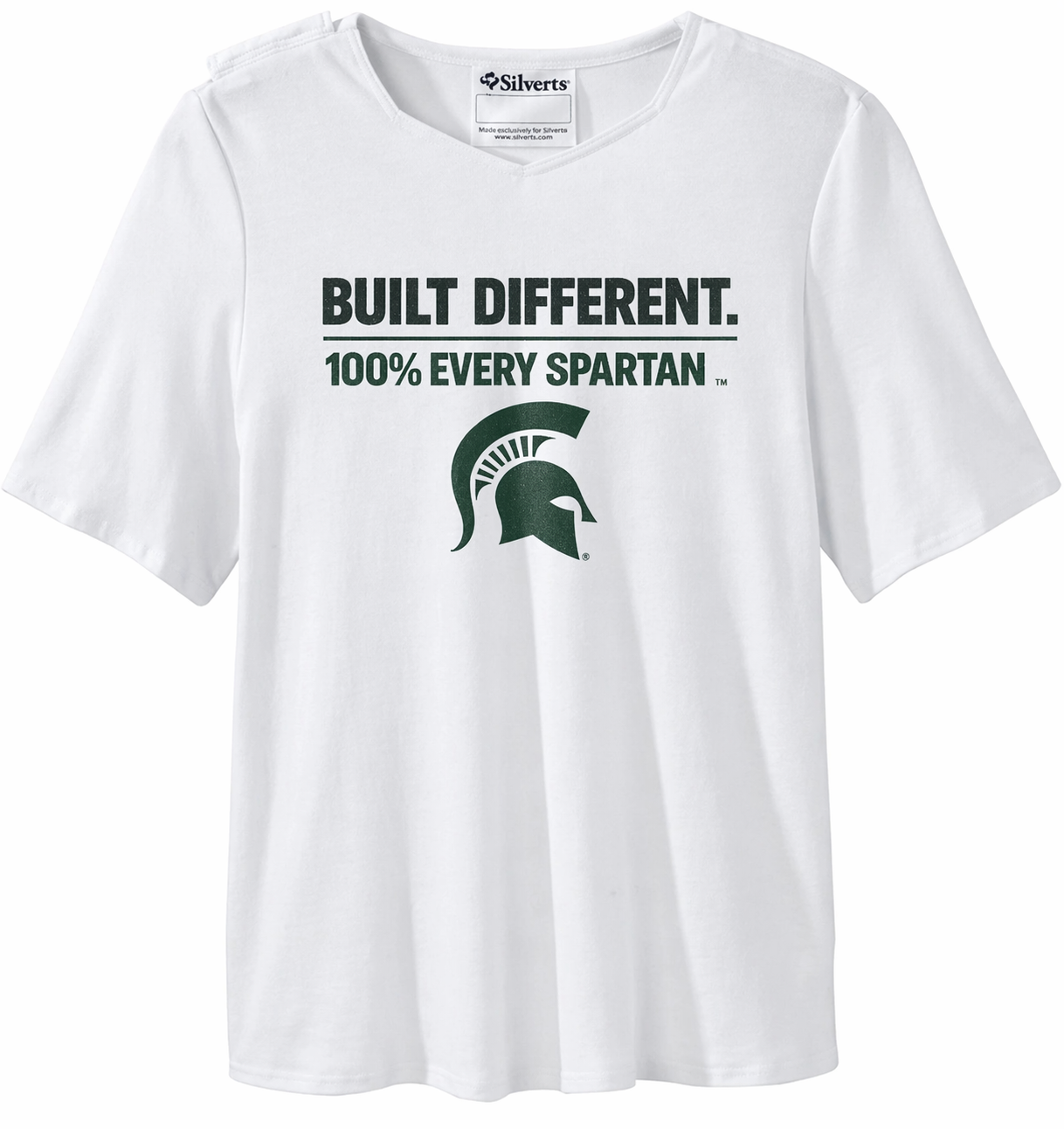 White V-neck T-shirt with “BUILT DIFFERENT. 100% EVERY SPARTAN.” and a green Spartan helmet logo