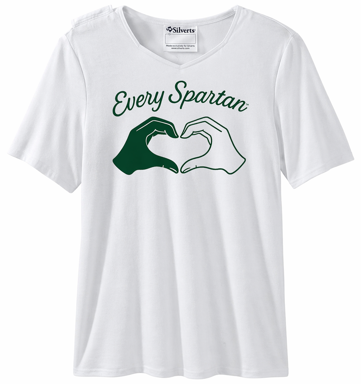 White T-shirt with green “Every Spartan” text and two hands forming a heart outline