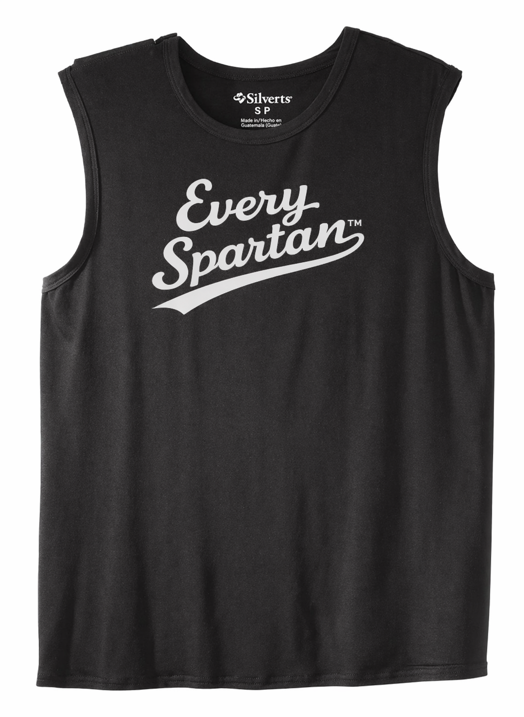 Black sleeveless tank top with white “Every Spartan” text on the front