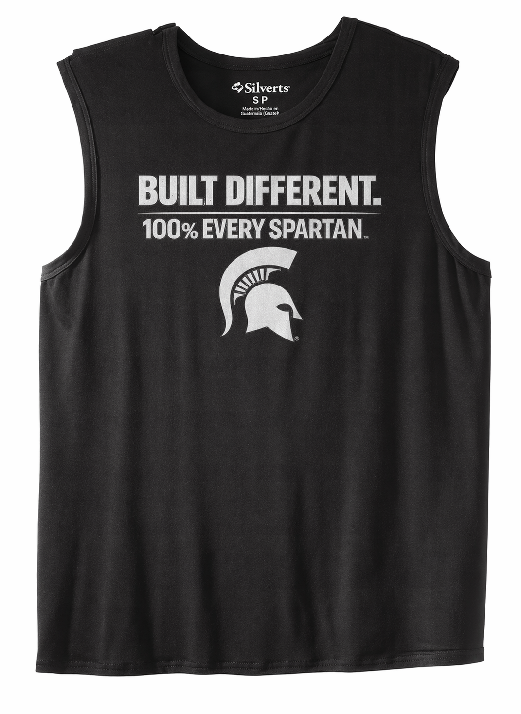 Black sleeveless T-shirt with white text “BUILT DIFFERENT. 100% EVERY SPARTAN.” and Spartan helmet logo