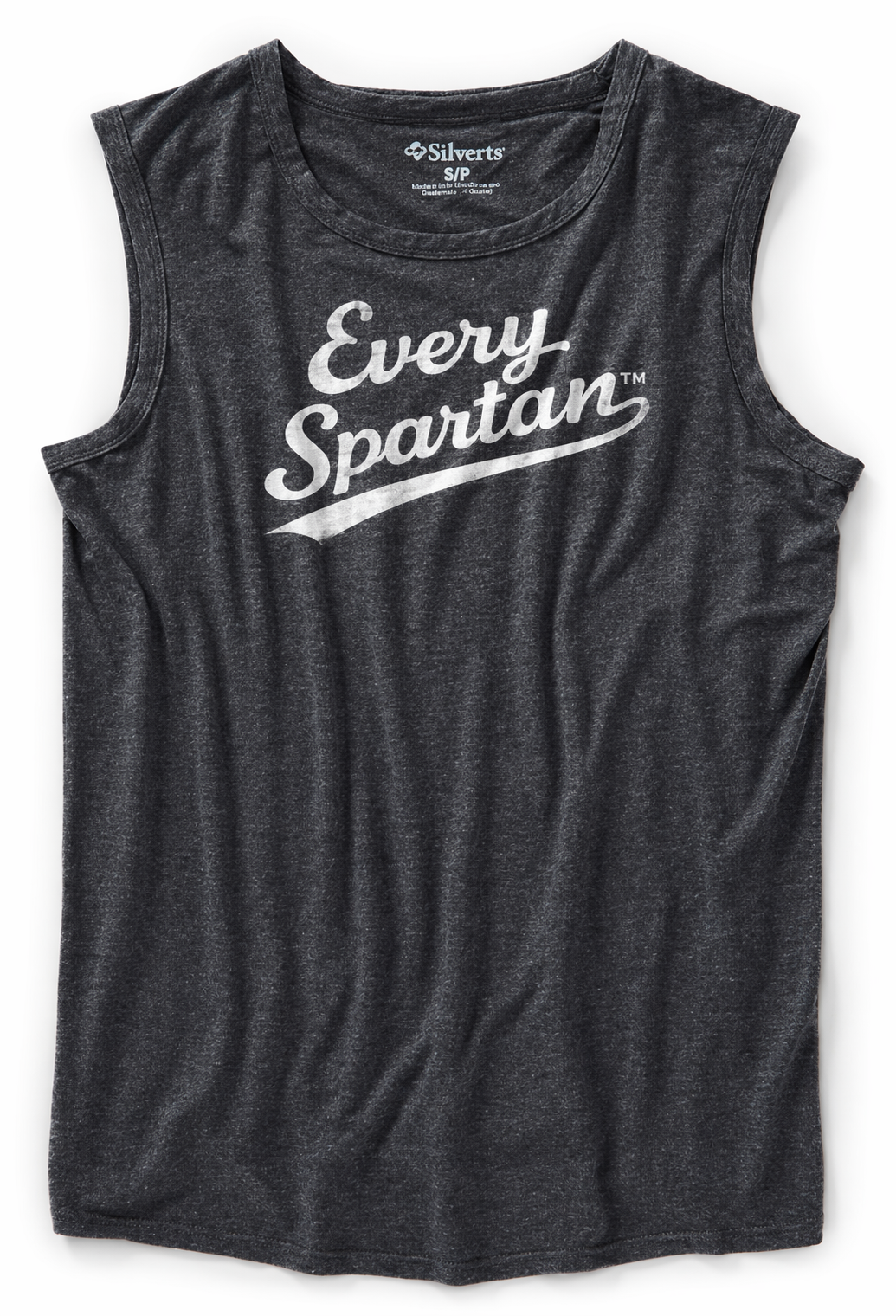 Black sleeveless T-shirt with white “Every Spartan” text and speckled pattern