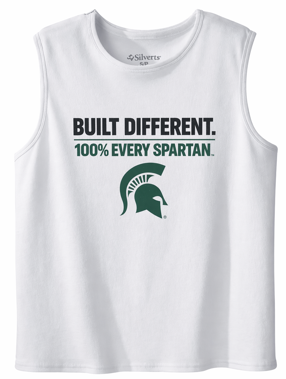 White sleeveless Spartan shirt with “BUILT DIFFERENT. 100% EVERY SPARTAN” and green Spartan helmet logo