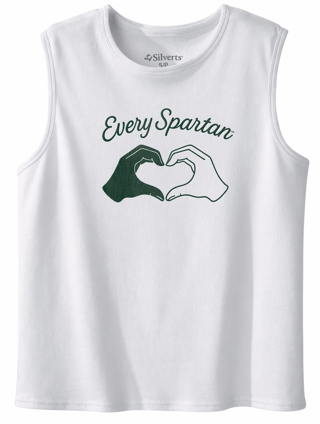 White sleeveless shirt with “Every Spartan” text and a green-and-white heart graphic