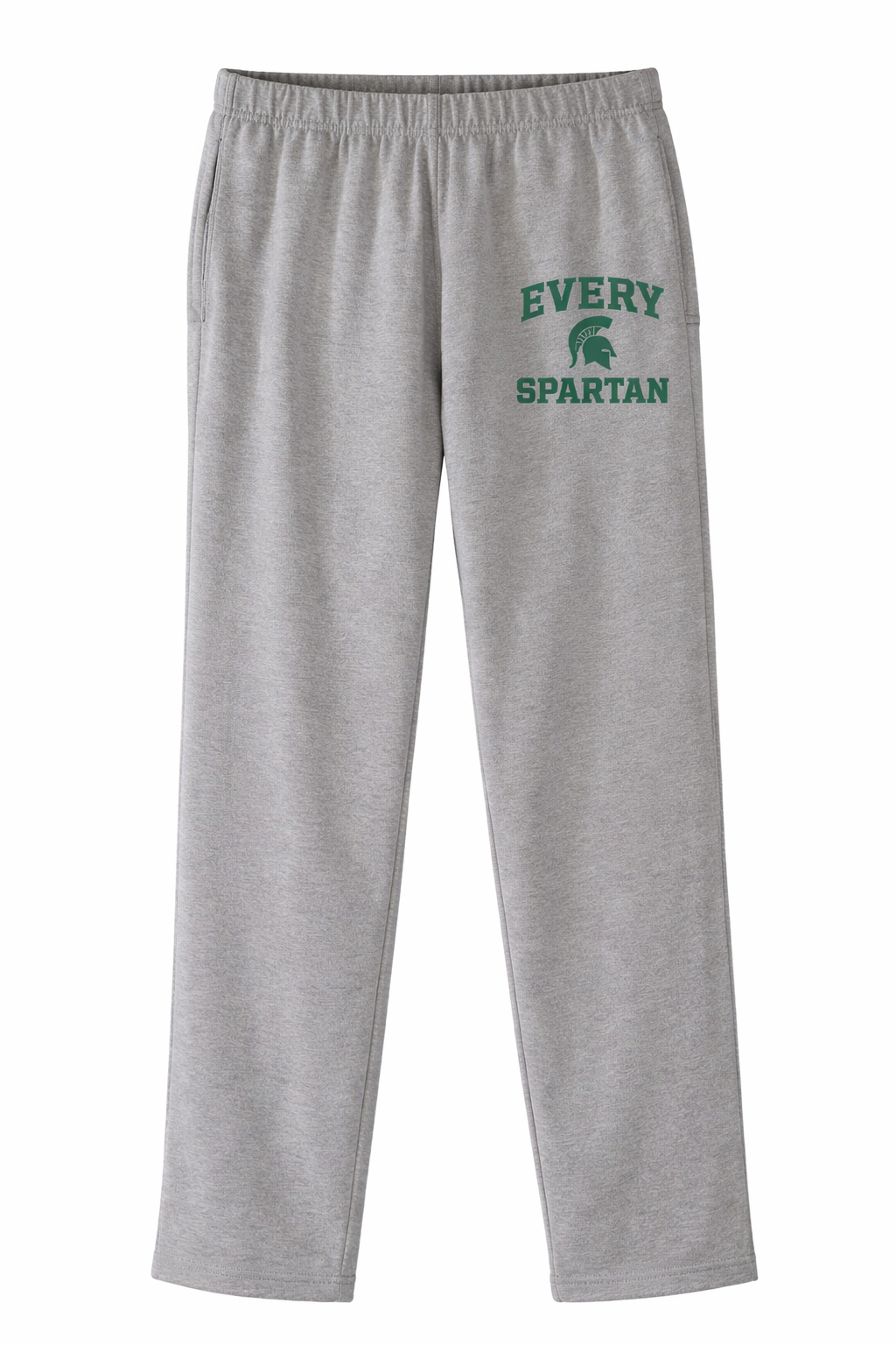 Gray sweatpants with green “Every Spartan” text on the left leg