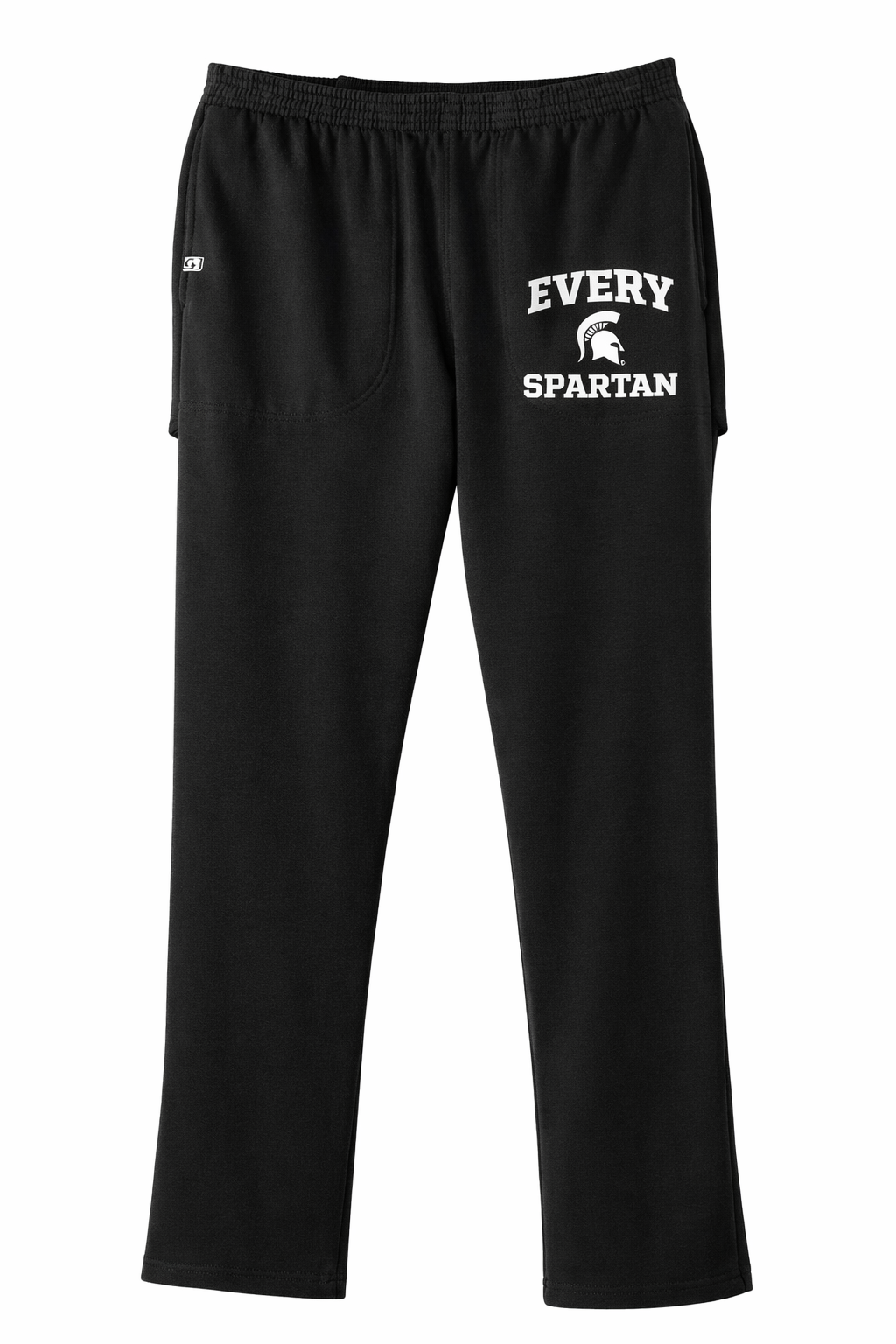 Black sweatpants with “EVERY SPARTAN” text on the left thigh