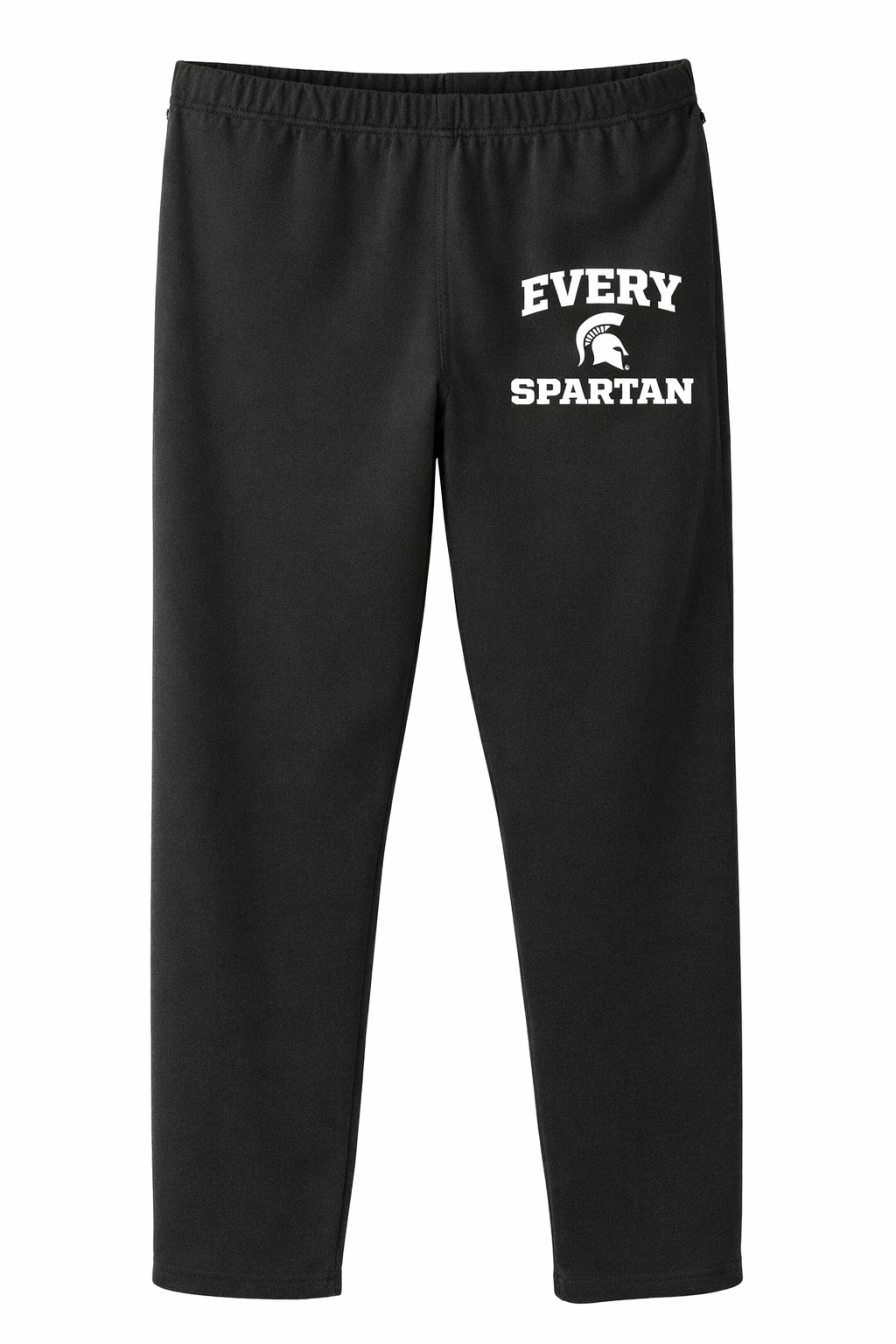 Black sweatpants with white “EVERY SPARTAN” text and helmet logo on the left thigh.